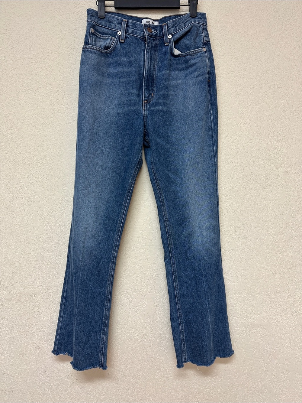 Agolde Medium Blue Flare Jeans with Raw Hem size 27